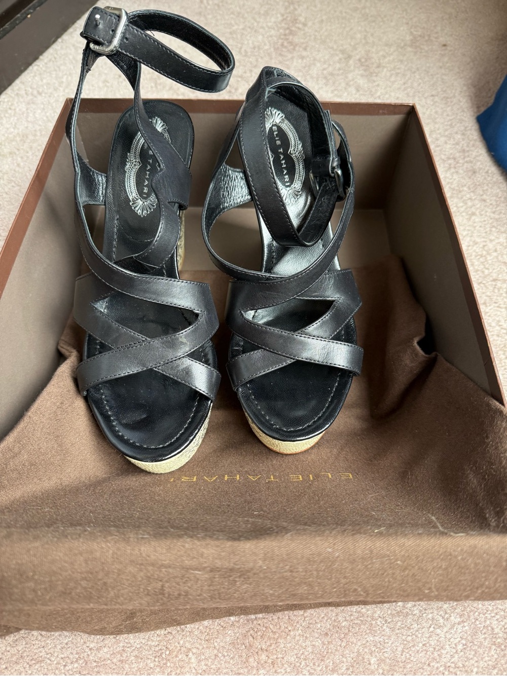 Elie Tahari Black Leather Strappy Wedge Sandals with Cream Textured Heel